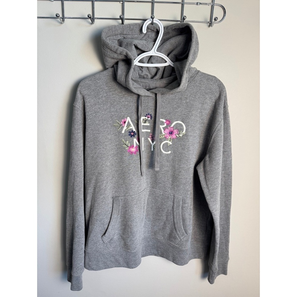 Aeropostale Womens Gray Floral Embroidered Hoodie L Pullover Casual Preppy Cozy